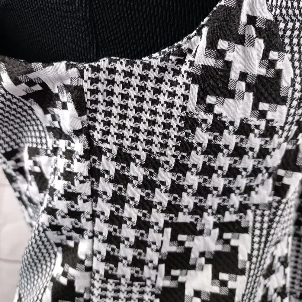 Woman's open sleeveless blazer cardigan houndstooth black white collar Large - Picture 15 of 15